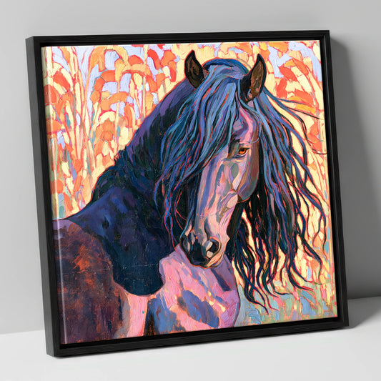Colourful Friesian Horse Portrait horse breed canvas wall art in black frame