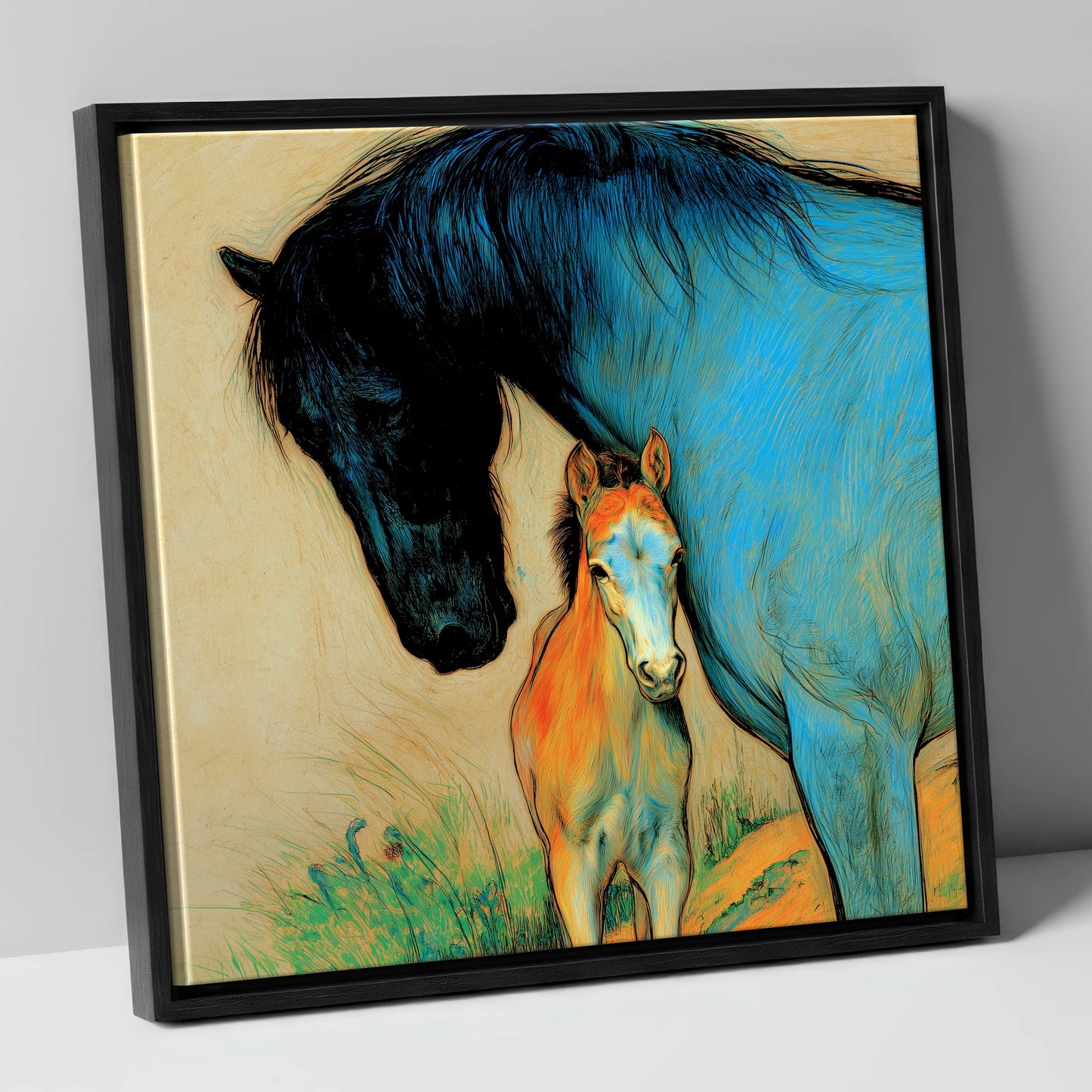 Vivid Devotion mare & foal canvas wall art in black frame