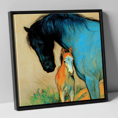 Vivid Devotion mare & foal canvas wall art in black frame