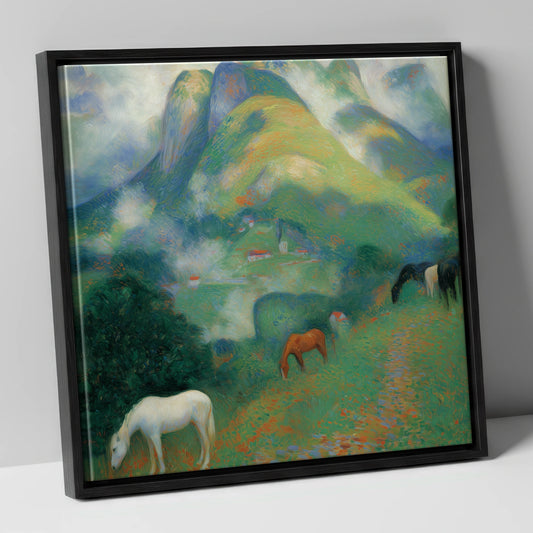 Luminous Alpine Valley horse landscape canvas wall art in black frame