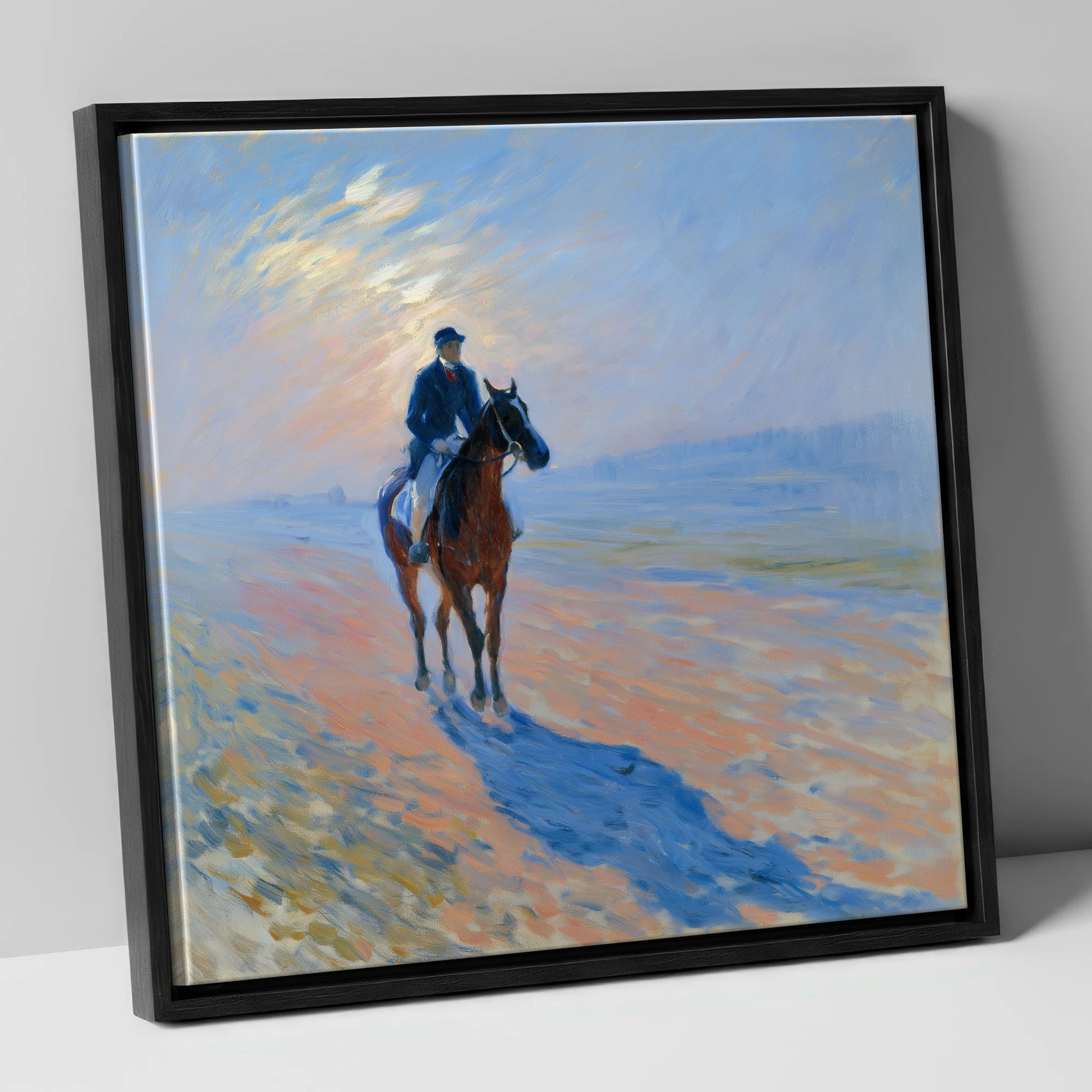 Luminous Morning Gallops racing horse canvas wall art in black frame