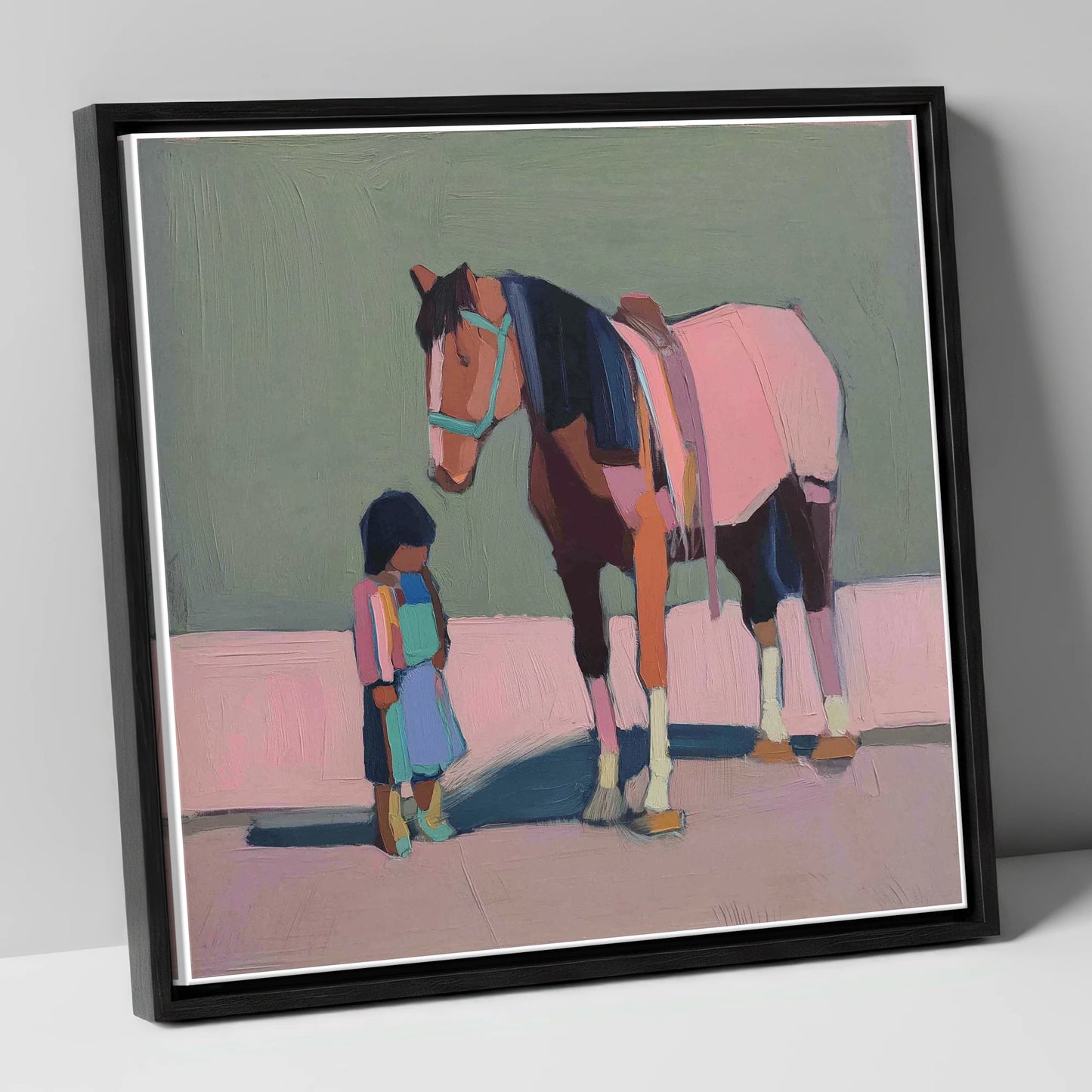 Quiet Connection horse & rider canvas wall art in black frame