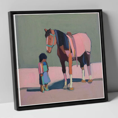 Quiet Connection horse & rider canvas wall art in black frame