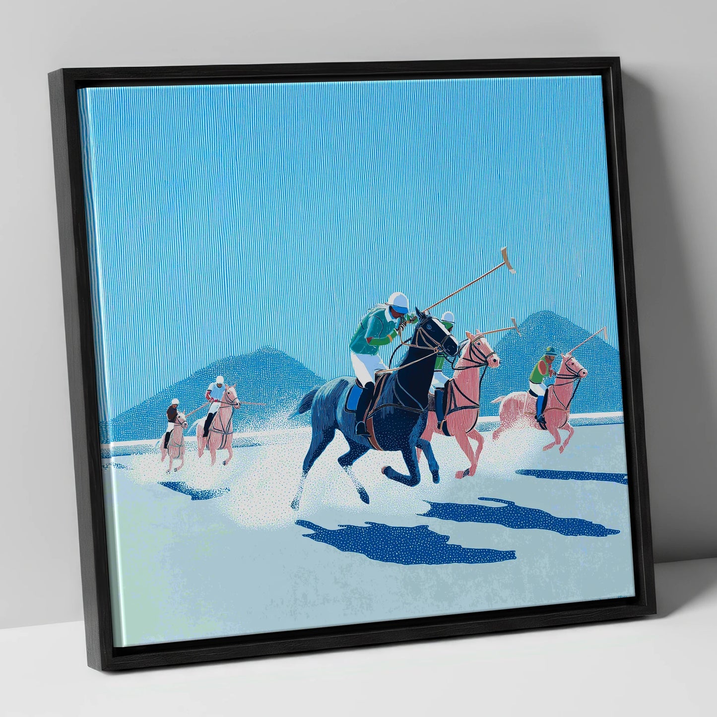 Azure Polo Pursuit polo horse canvas wall art in black frame