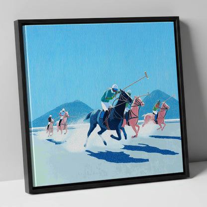 Azure Polo Pursuit polo horse canvas wall art in black frame