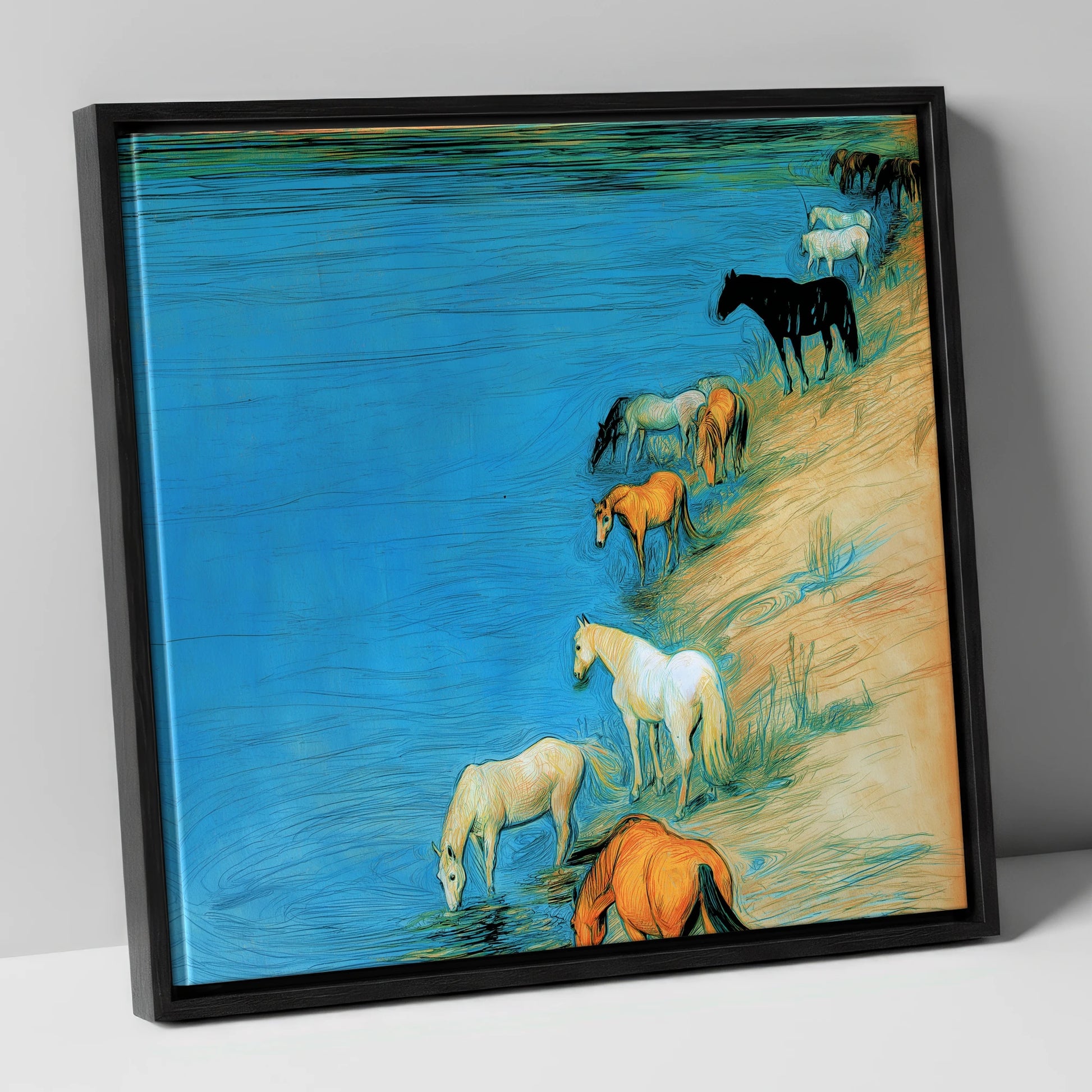 Cerulean River Herd wild horses canvas wall art in black frame
