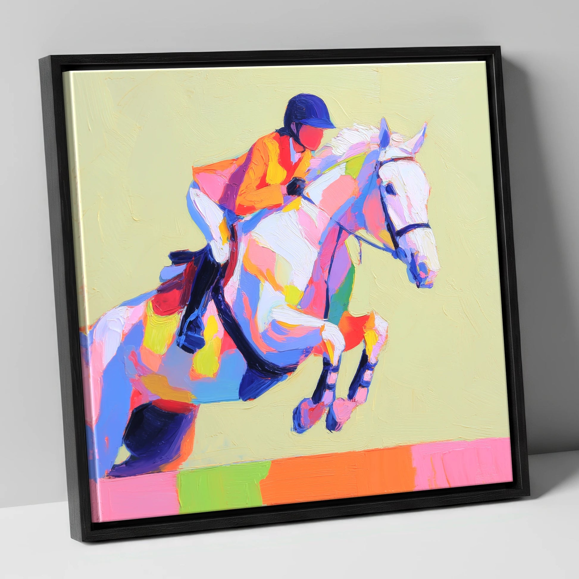 Technicolour Flight show jumping horse canvas wall art in black frame