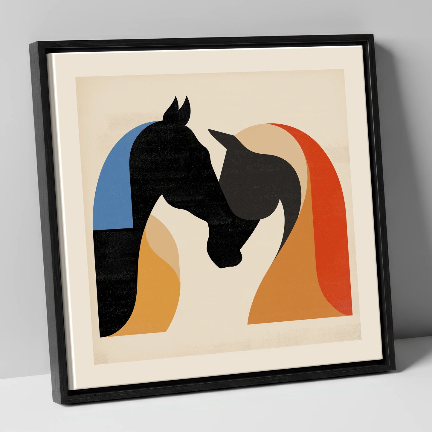 Abstract Equine Embrace horse portrait canvas wall art in black frame