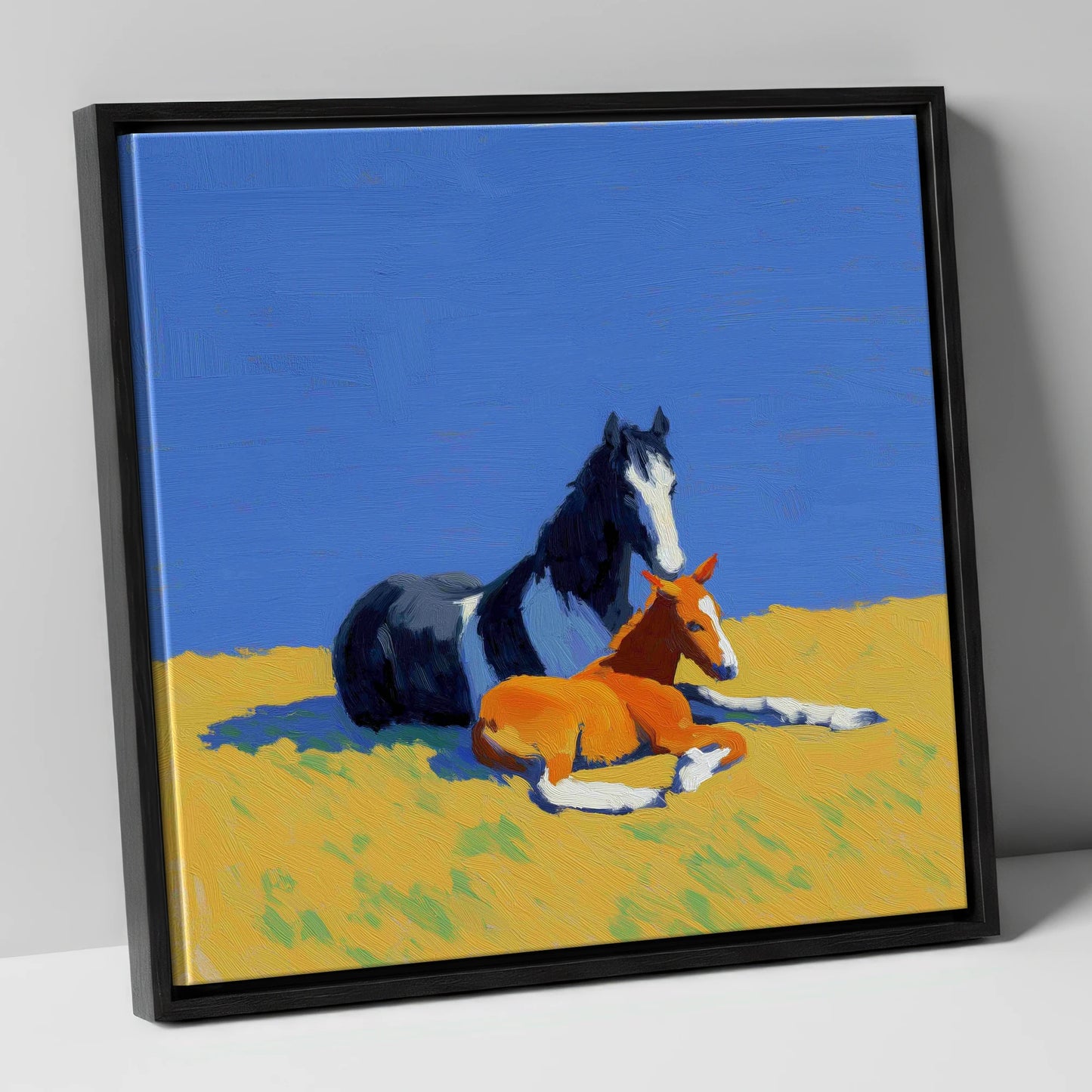 Sun-Drenched Bond mare & foal canvas wall art in black frame