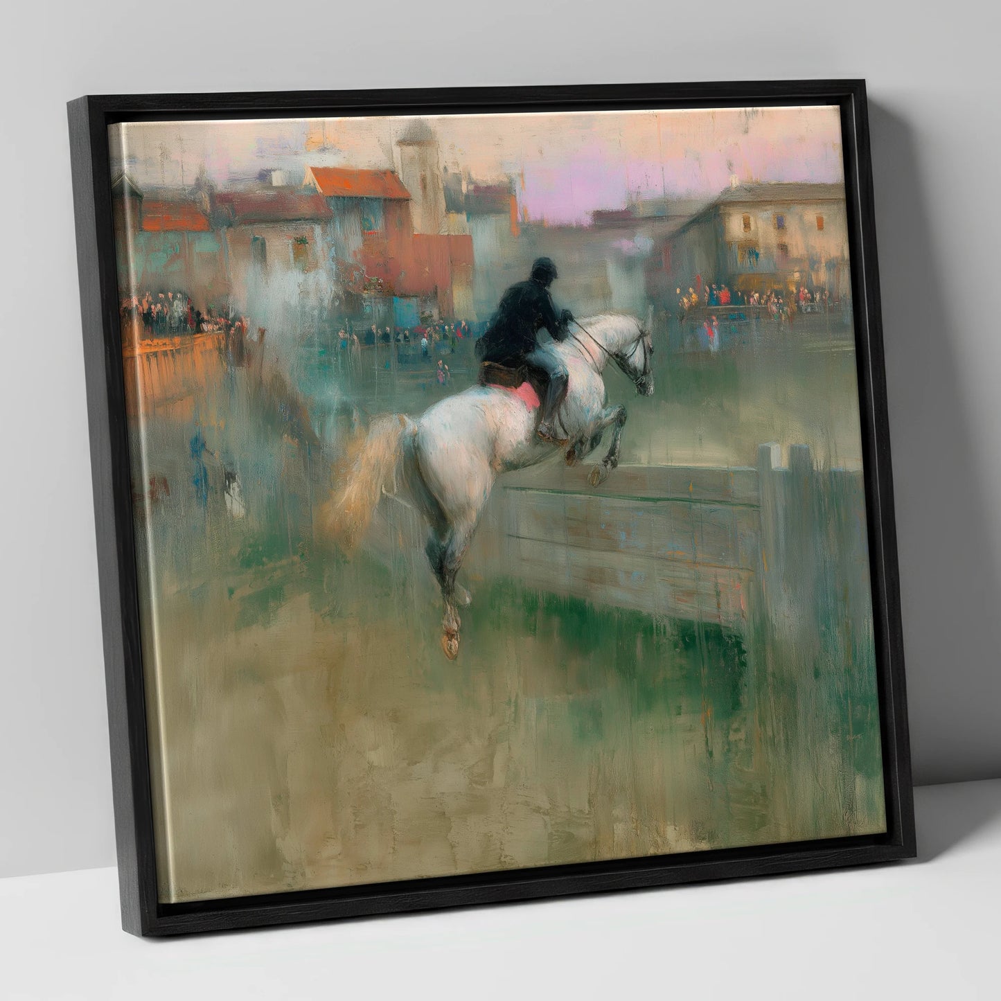 Over the Village Timber show jumping horse canvas wall art in black frame