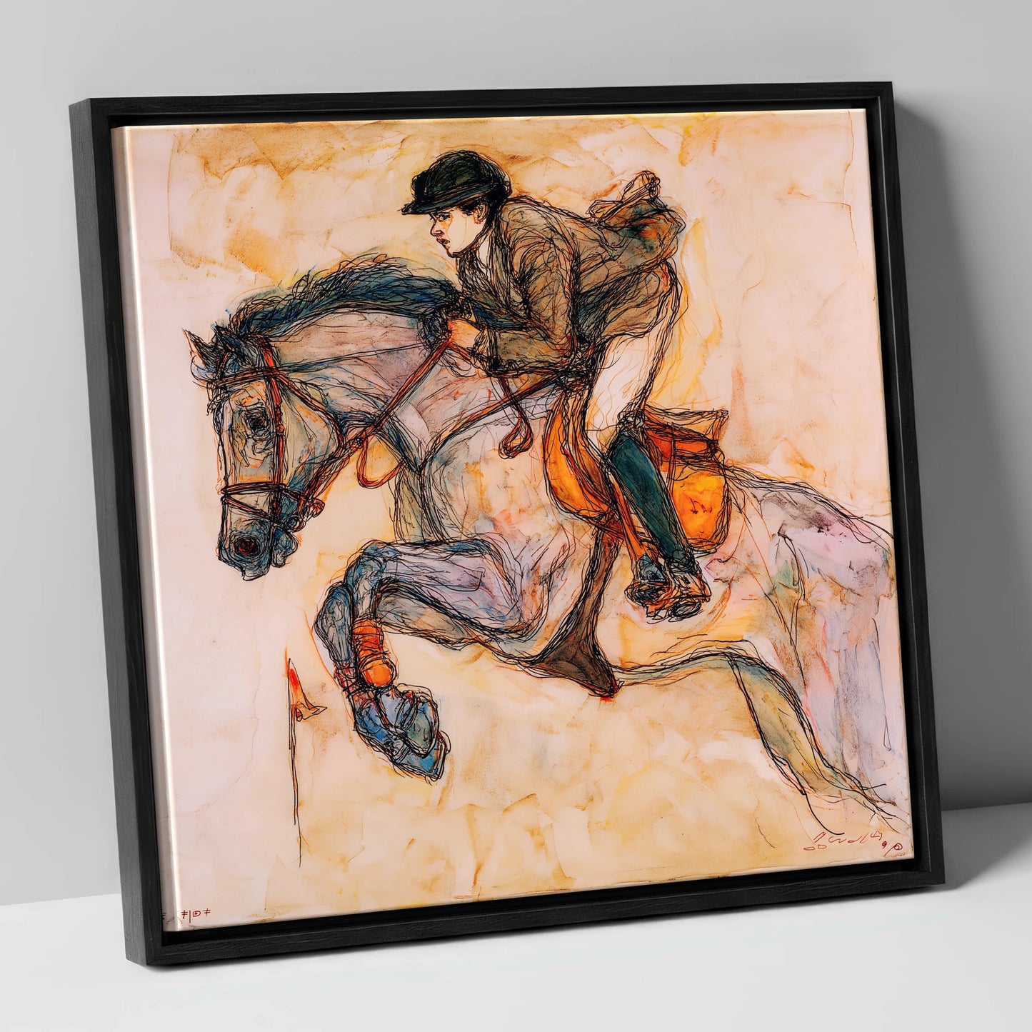 Suspended Momentum show jumping horse canvas wall art in black frame