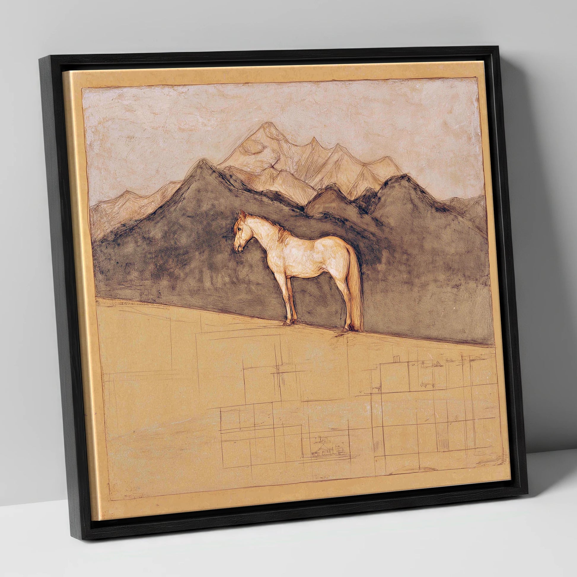 Mountain Sentinel horse landscape canvas wall art in black frame