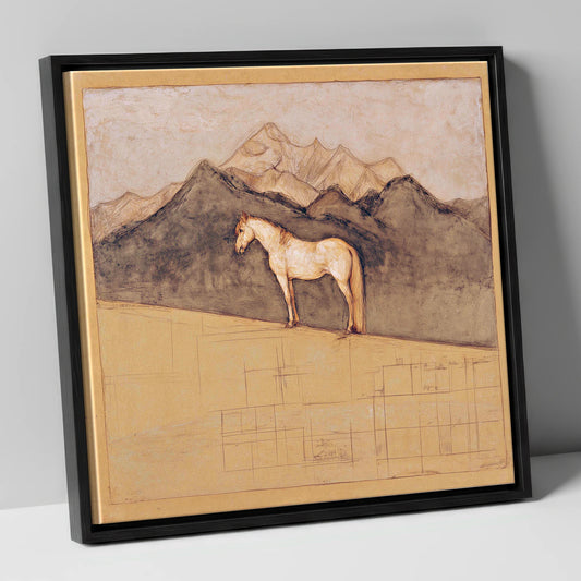 Mountain Sentinel horse landscape canvas wall art in black frame
