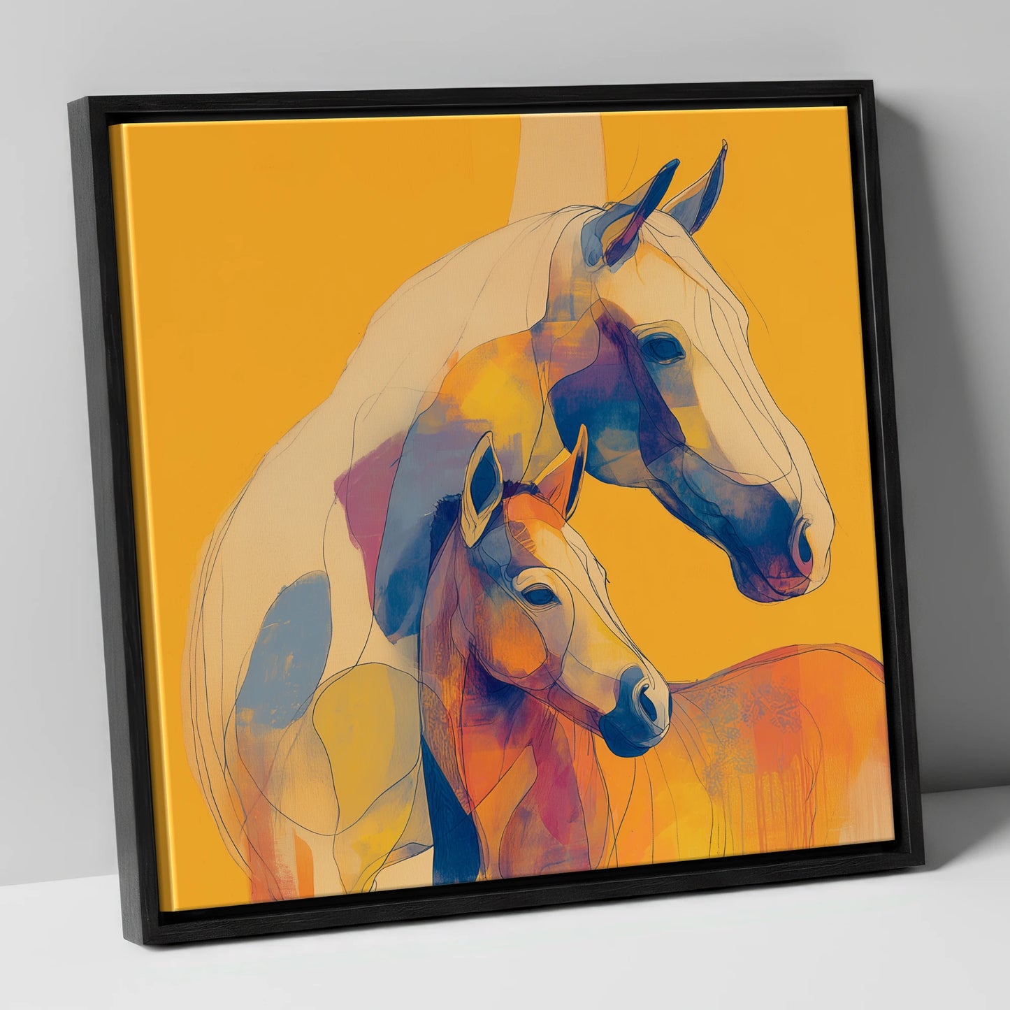 Golden Equine Bond mare & foal canvas wall art in black frame