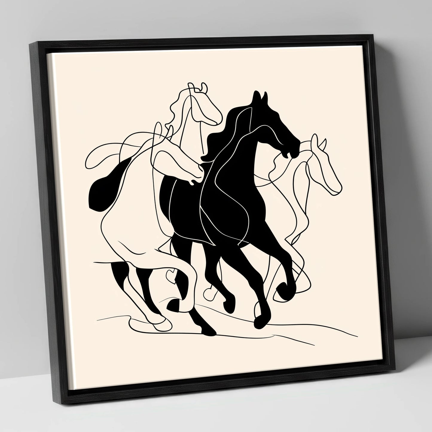 Synchronised Strides wild horses canvas wall art in black frame