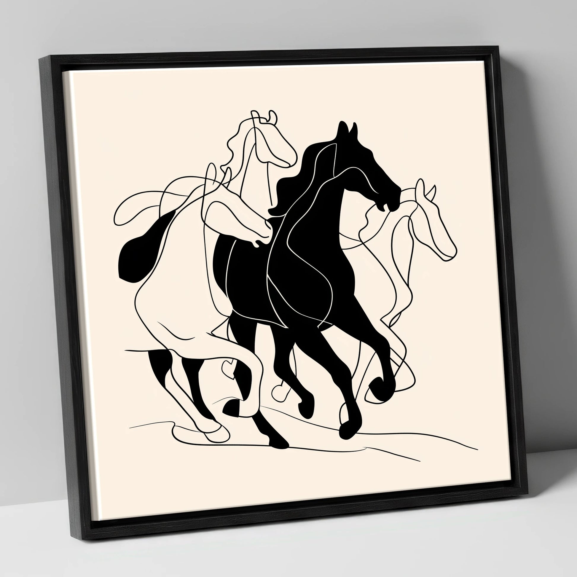 Synchronised Strides wild horses canvas wall art in black frame