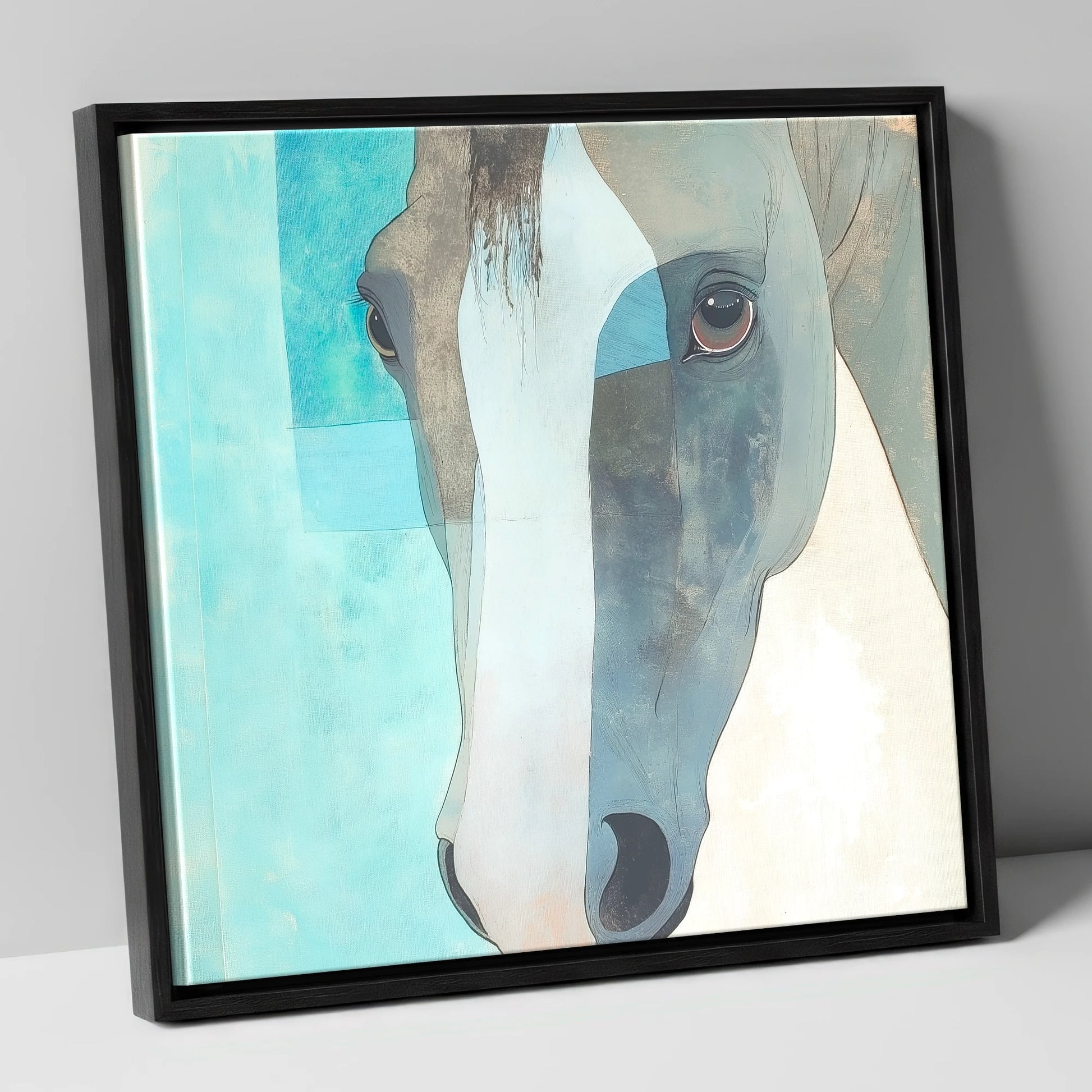 Modern Grey Gaze horse portrait canvas wall art in black frame