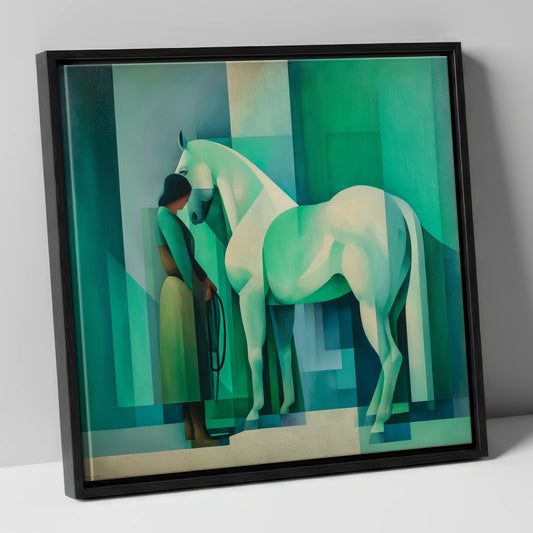 Emerald Equine Harmony horse & rider canvas wall art in black frame