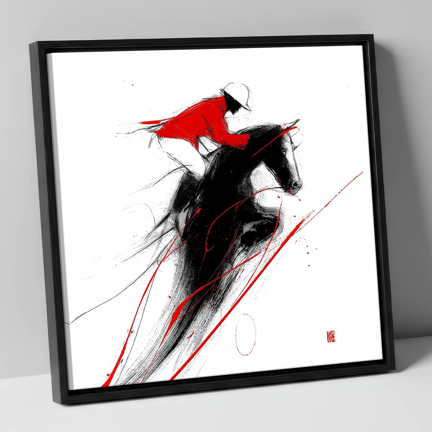 Flight in Crimson show jumping horse canvas wall art in black frame