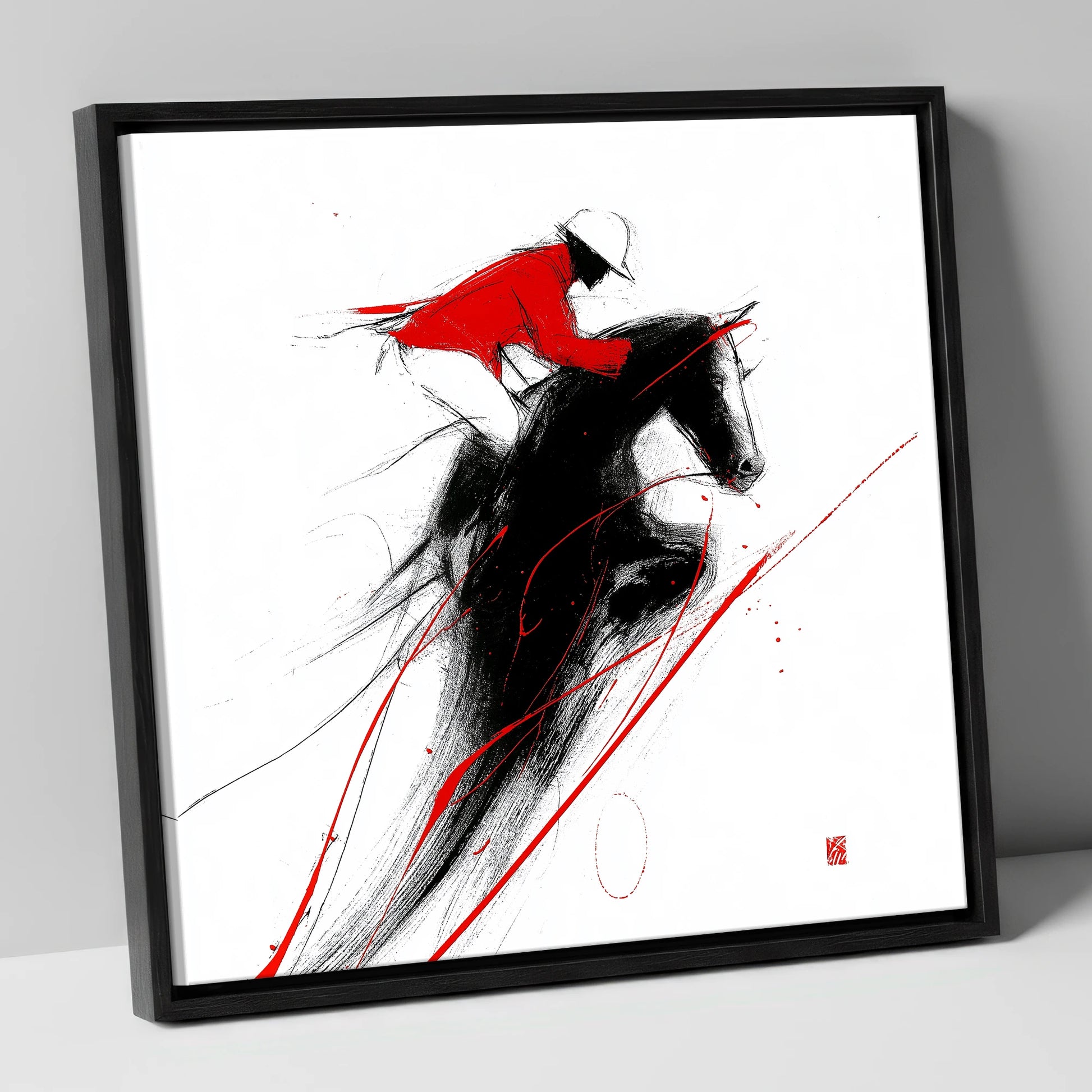 Flight in Crimson show jumping horse canvas wall art in black frame