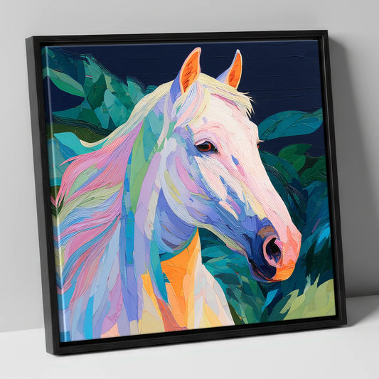 Vibrant Painted White Horse horse breed canvas wall art in black frame