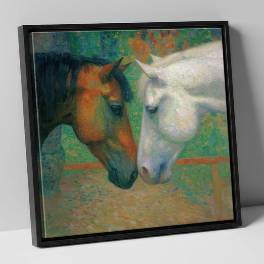 Quiet Companions horse portrait canvas wall art in black frame