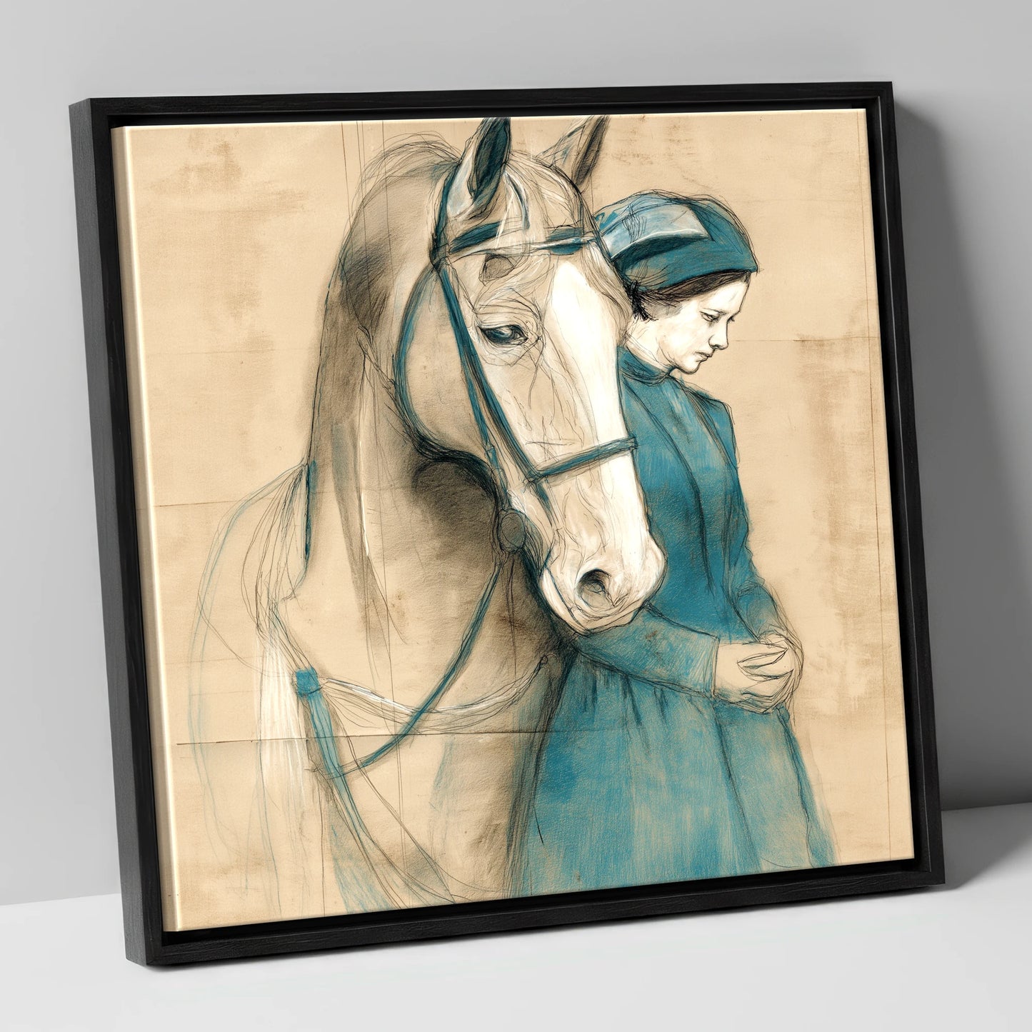Silent Bond horse & rider canvas wall art in black frame