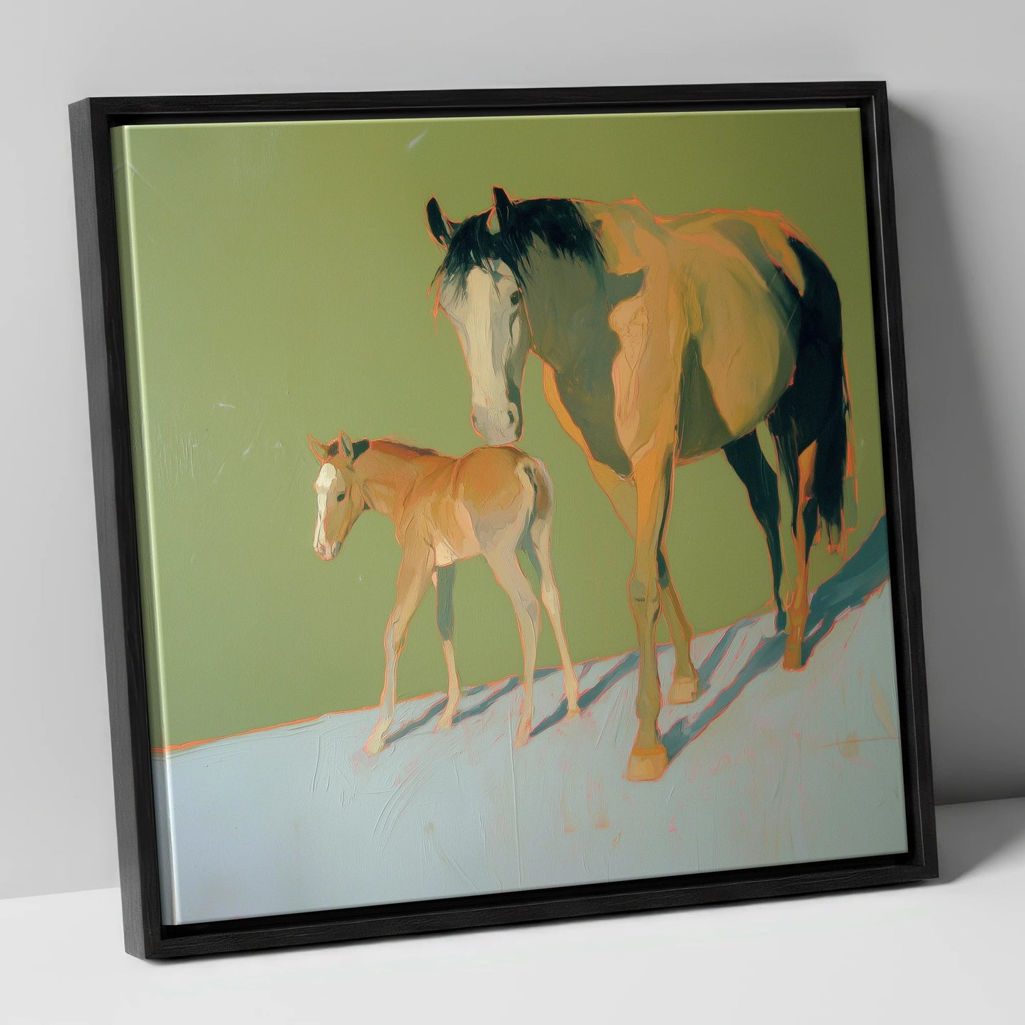 Sunlit Bonds mare & foal canvas wall art in black frame
