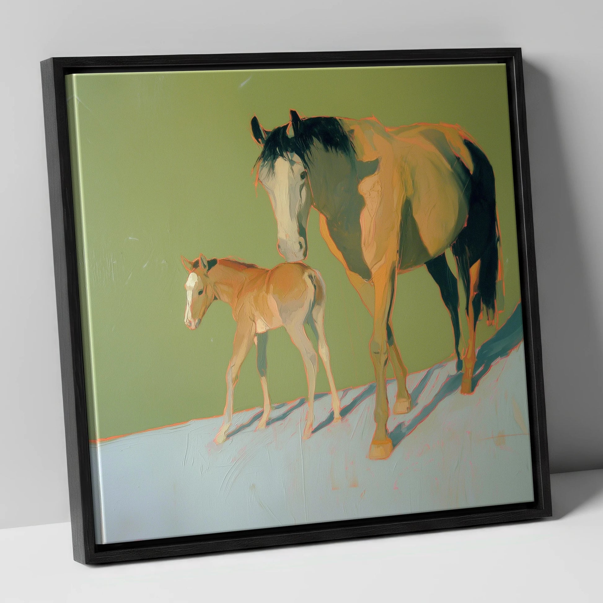 Sunlit Bonds mare & foal canvas wall art in black frame