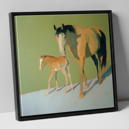 Sunlit Bonds mare & foal canvas wall art in black frame