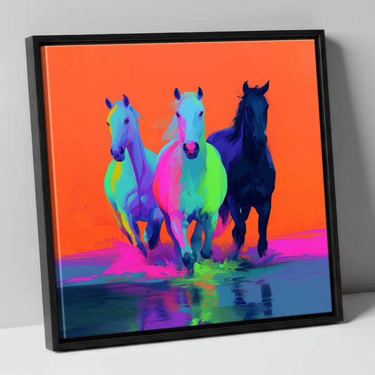 Technicolour Canter wild horses canvas wall art in black frame