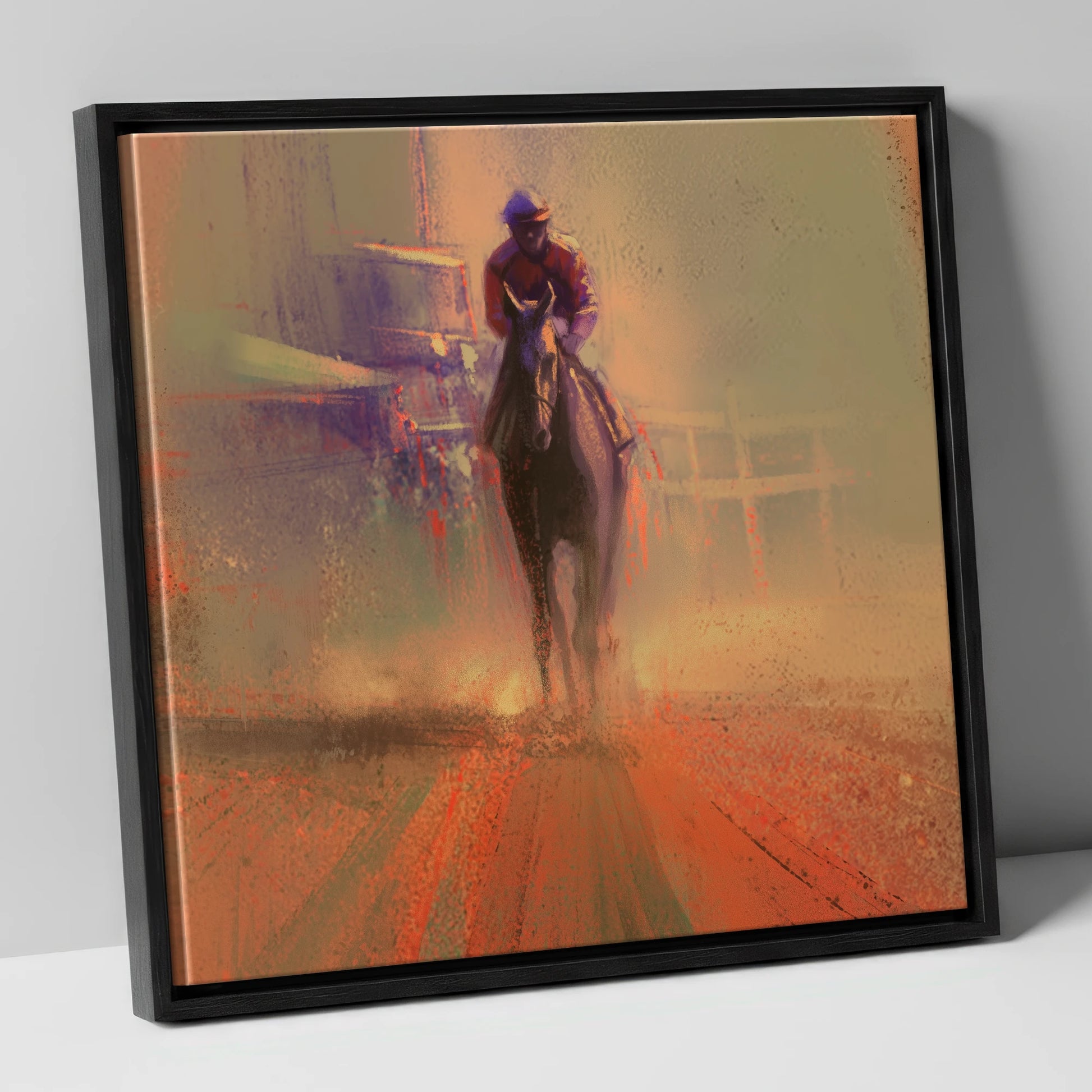 Emerging From The Dust racing horse canvas wall art in black frame