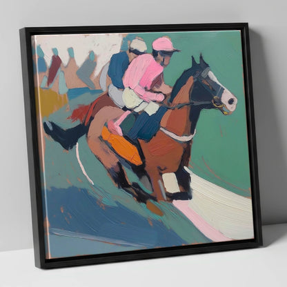 The Leading Edge in Rose racing horse canvas wall art in black frame