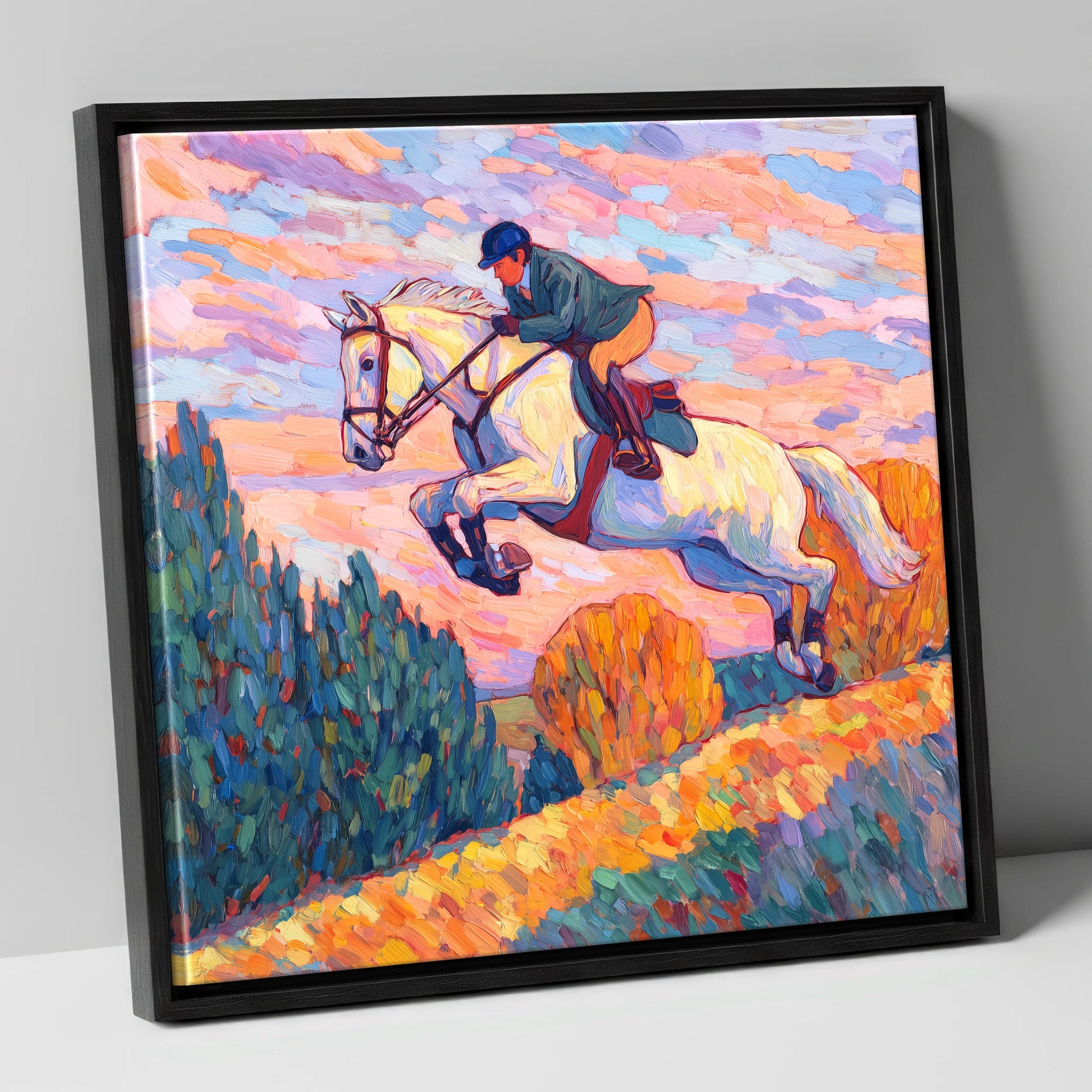 Airborne at Dusk show jumping horse canvas wall art in black frame