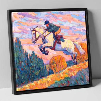 Airborne at Dusk show jumping horse canvas wall art in black frame