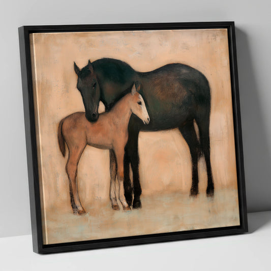 Quiet Affection mare & foal canvas wall art in black frame