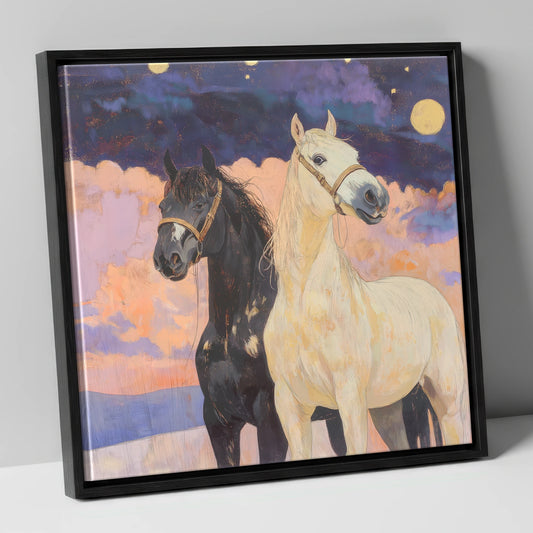 Celestial Companions horse landscape canvas wall art in black frame