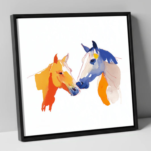 Vibrant Equine Bond horse portrait canvas wall art in black frame