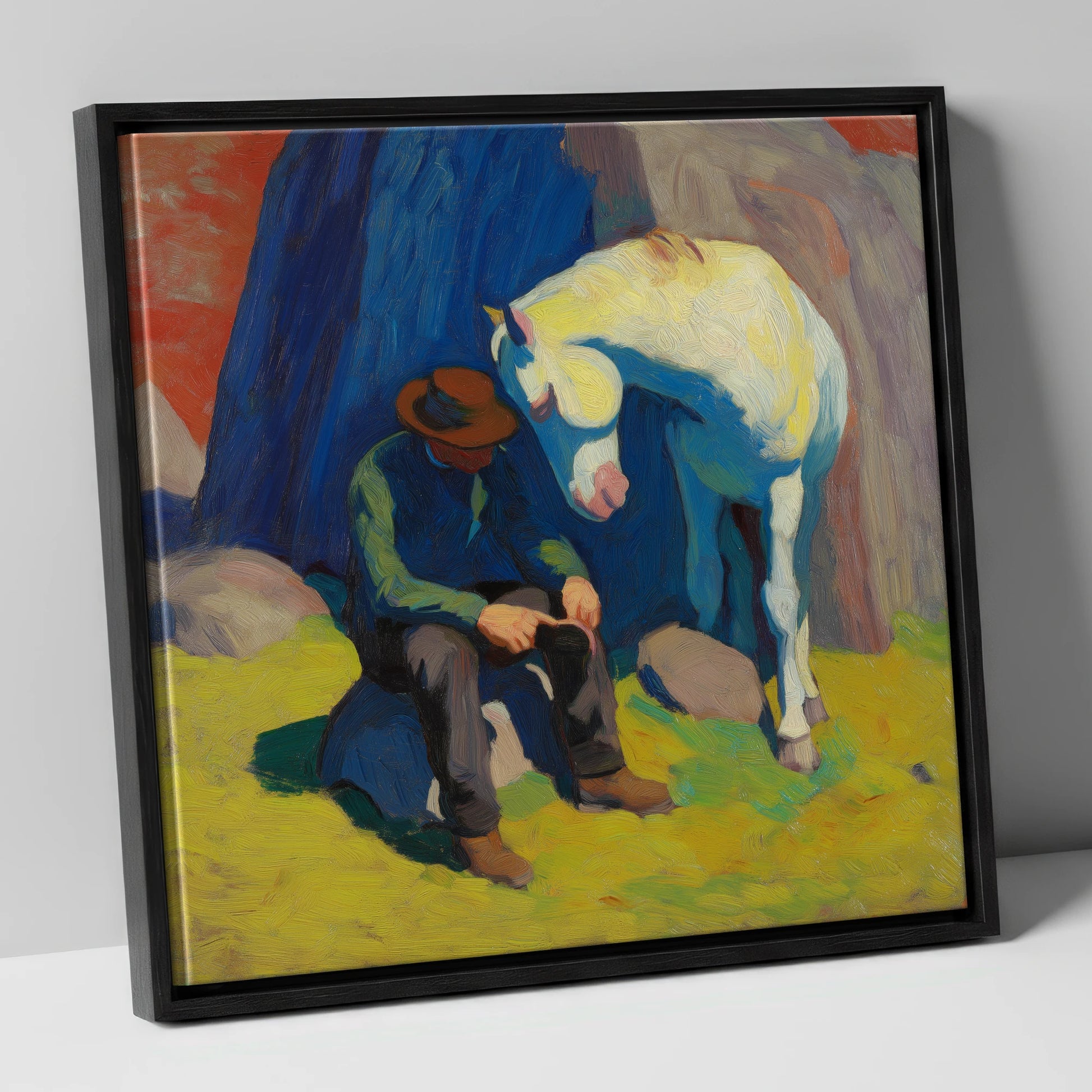 Vivid Companionship horse & rider canvas wall art in black frame