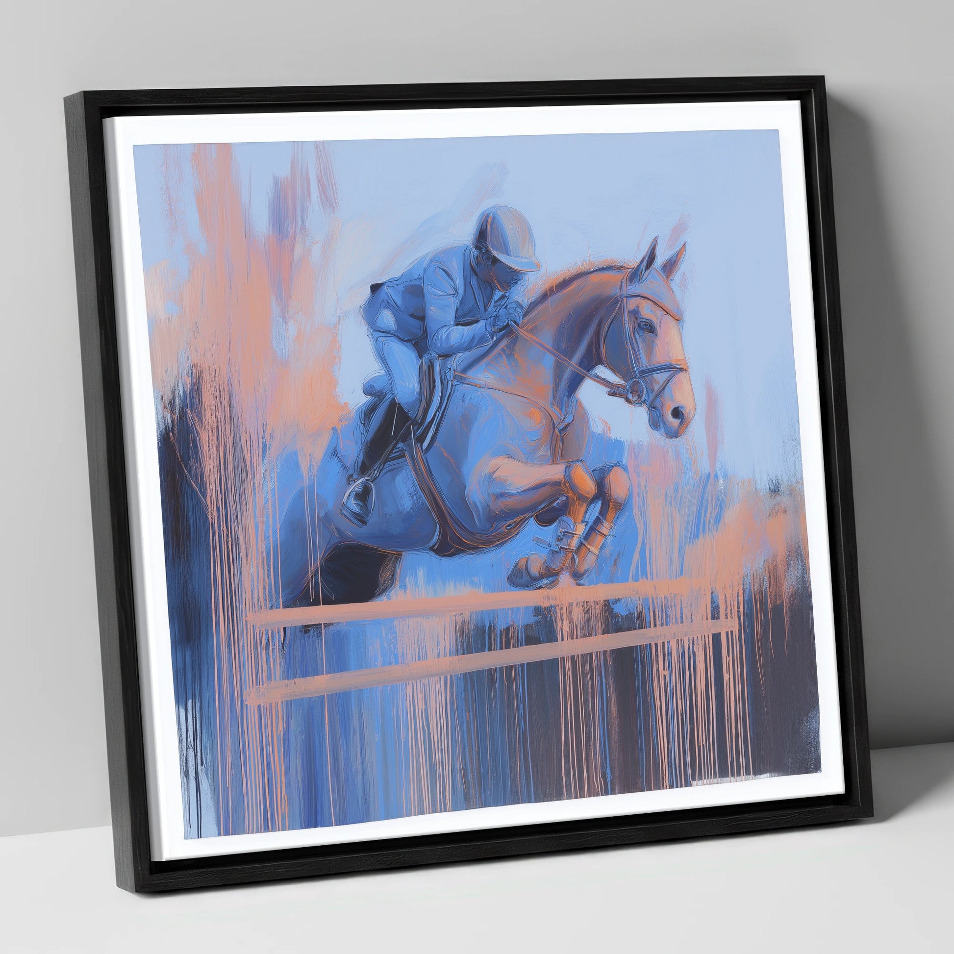 Momentum in Blue and Peach show jumping horse canvas wall art in black frame