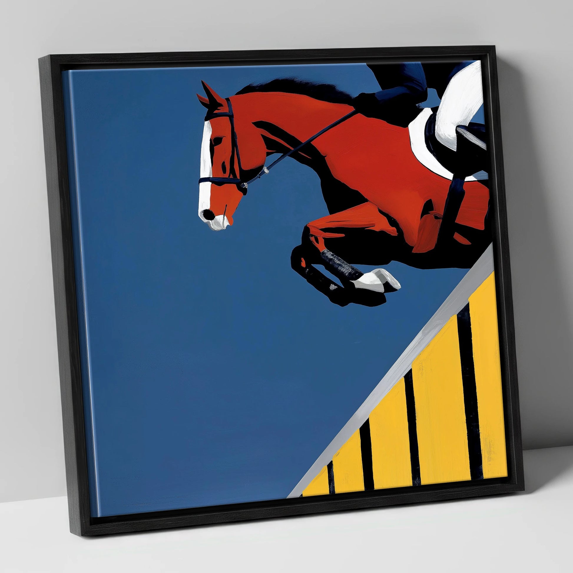 Suspended in Blue show jumping horse canvas wall art in black frame