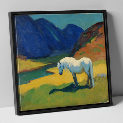 Vibrant Valley Grey horse landscape canvas wall art in black frame