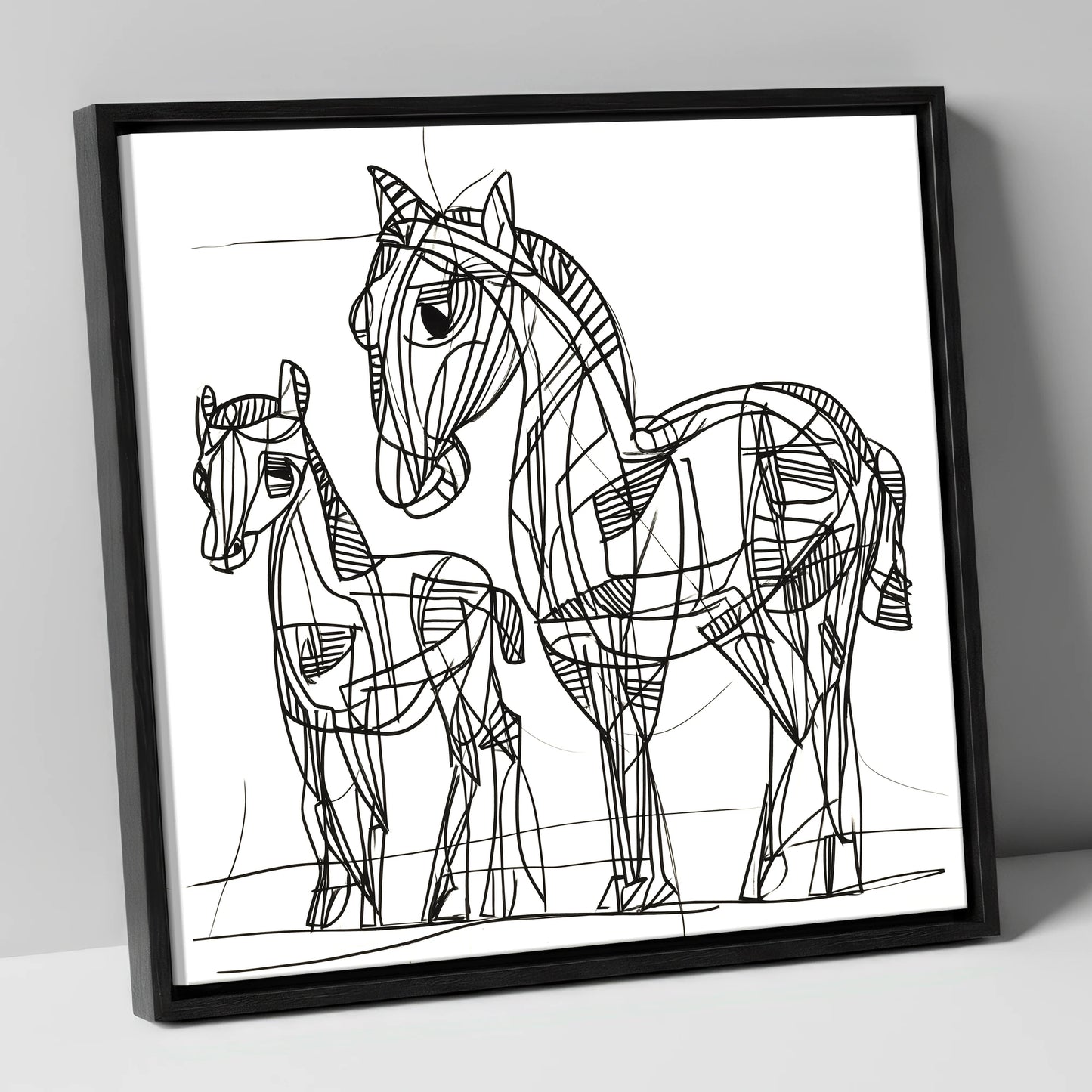 Linear Equine Bond mare & foal canvas wall art in black frame