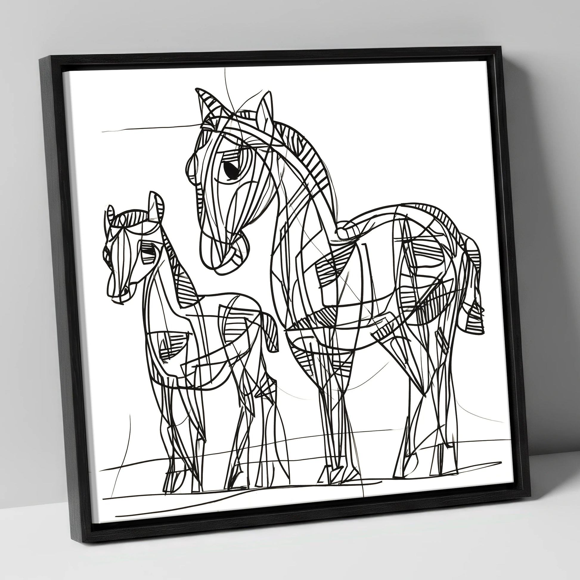 Linear Equine Bond mare & foal canvas wall art in black frame