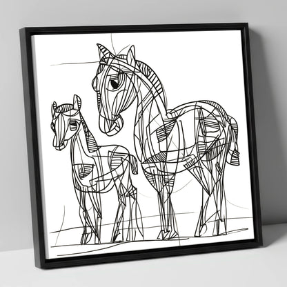 Linear Equine Bond mare & foal canvas wall art in black frame