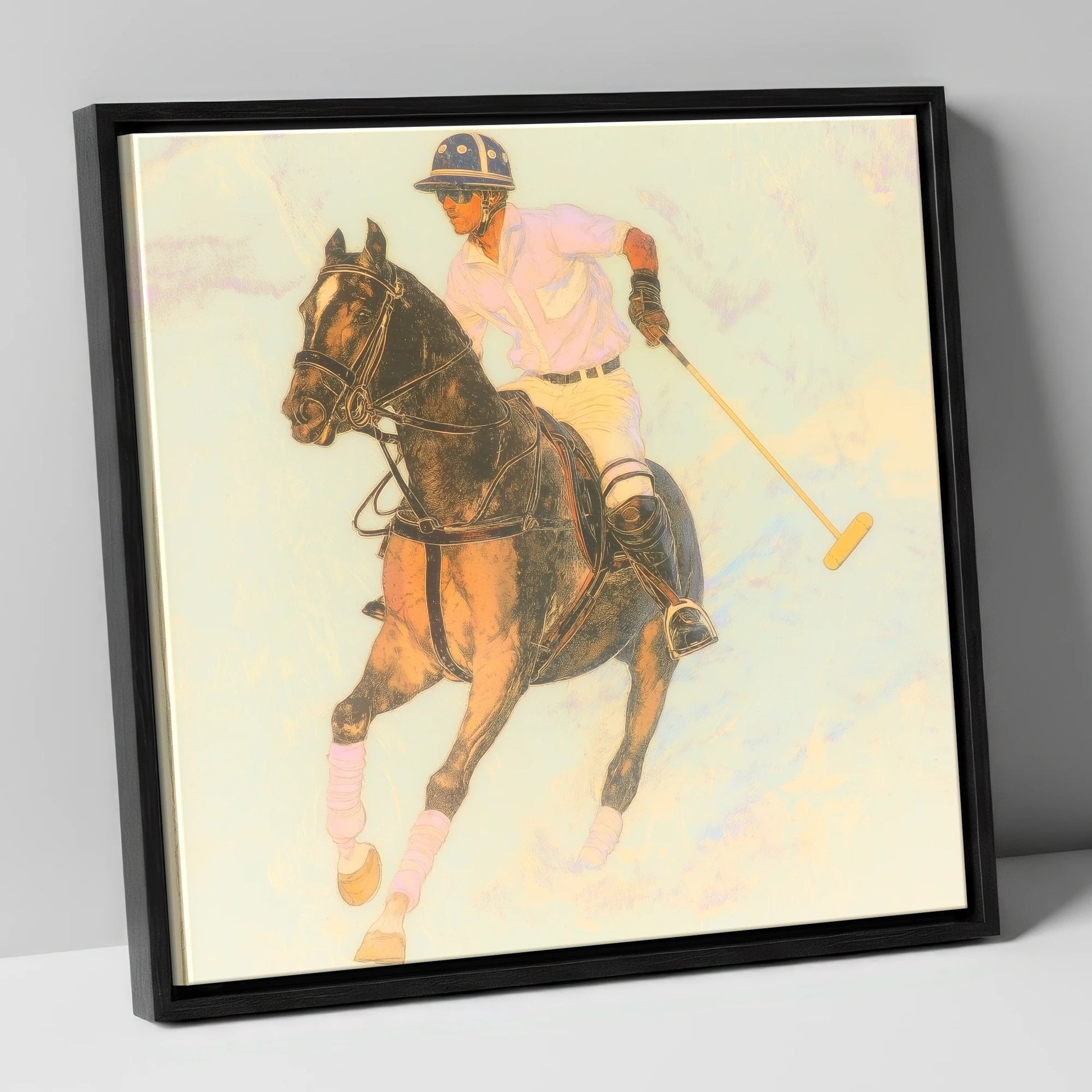 Luminous Chukka polo horse canvas wall art in black frame