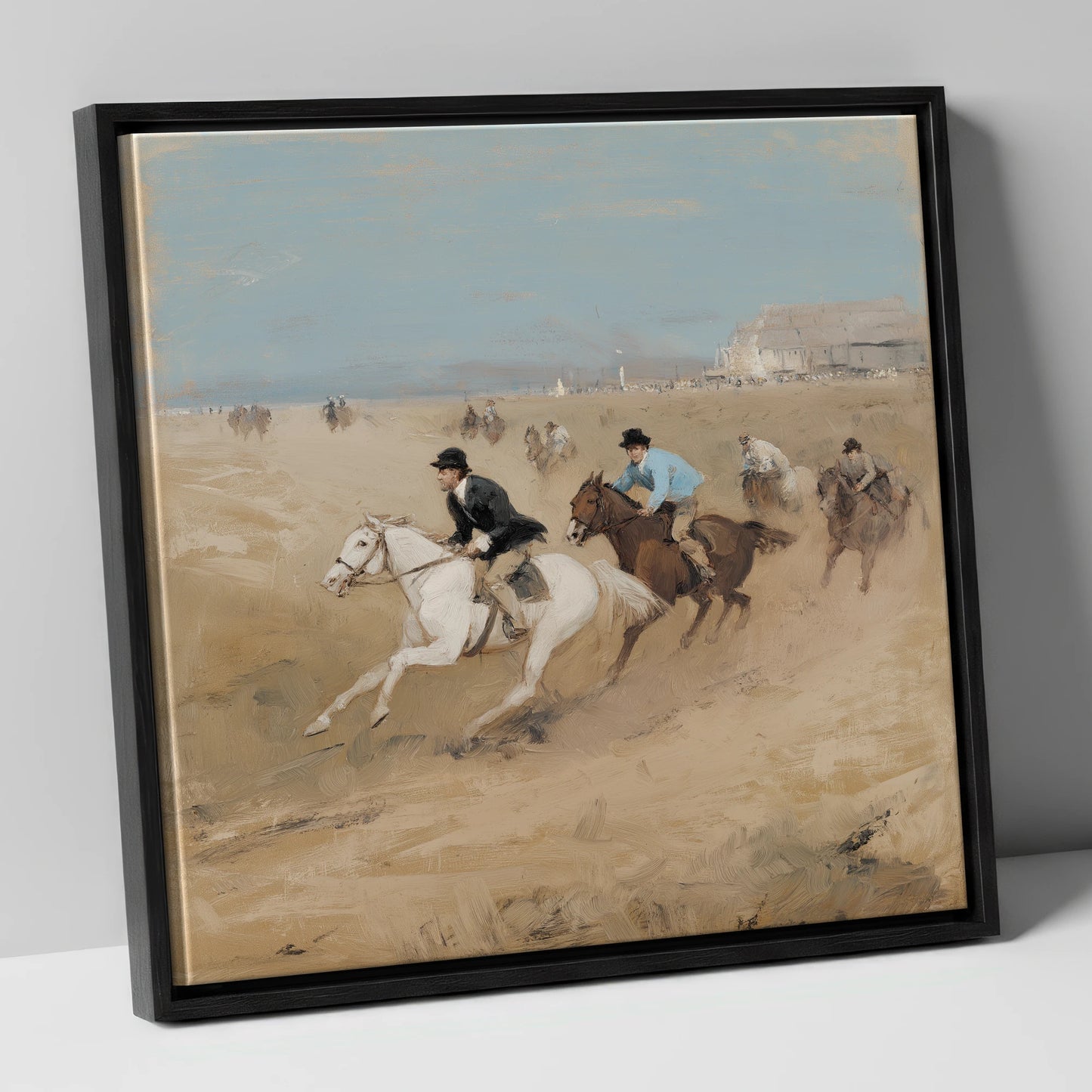 Galloping on the Sands racing horse canvas wall art in black frame
