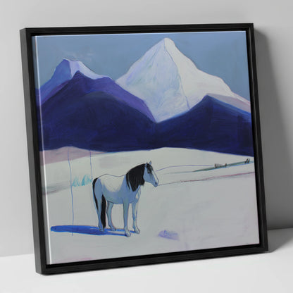 Alpine Silence horse landscape canvas wall art in black frame
