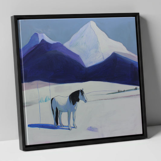Alpine Silence horse landscape canvas wall art in black frame