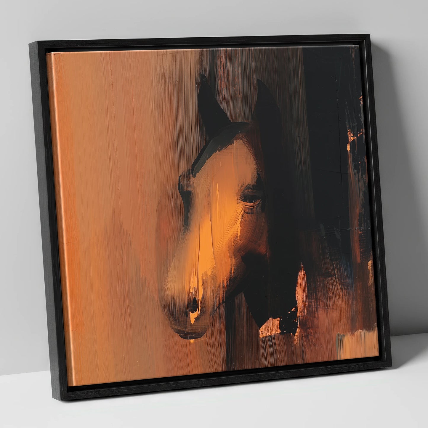 Ember and Shadow horse portrait canvas wall art in black frame
